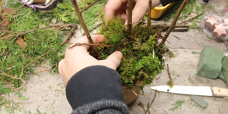 Steckmasse mit Moos bedecken.