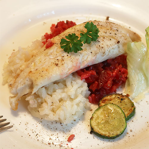 Zweierlei Risotto mit Wolfsbarschfilet und Zucchini